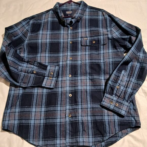 SMITH'S Work Wear Men's XL Deep Blue/Grey Plaid Flannel Easy Care Long-Sleeved - Picture 3 of 11
